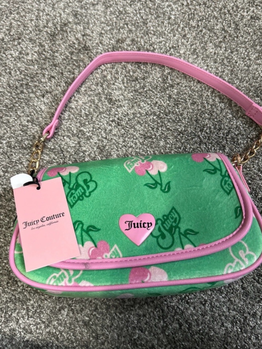 Juicy Couture Green Floral Heart Shoulder Bag with Pink Trim